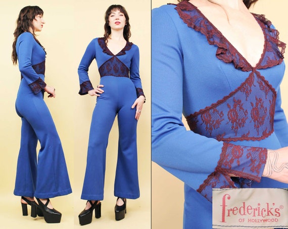 70s Vtg Blue Fredericks of Hollywood Lace Trim Jumpsuit Fare Bell