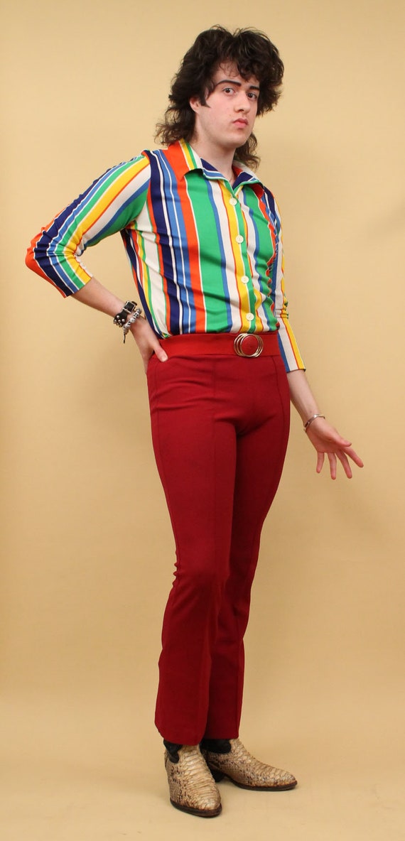 70s Vtg Primary Colors Vertical Striped Button Up… - image 4