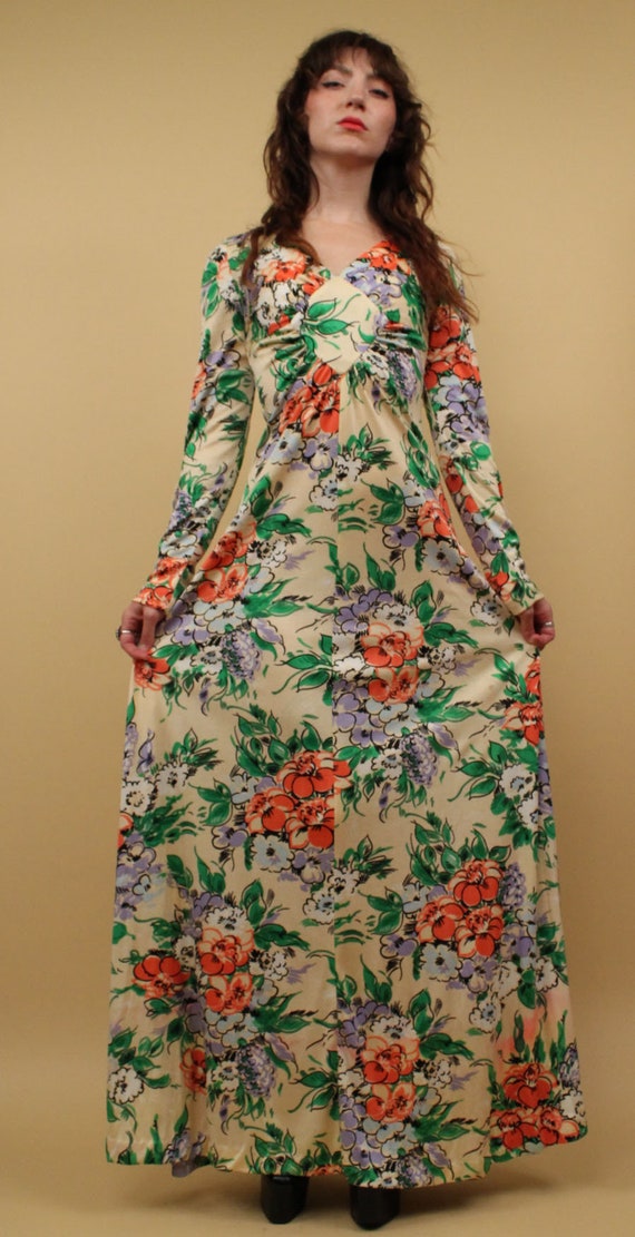 60s 70s Vtg Floral Pattern Floor Length Maxi Dres… - image 3