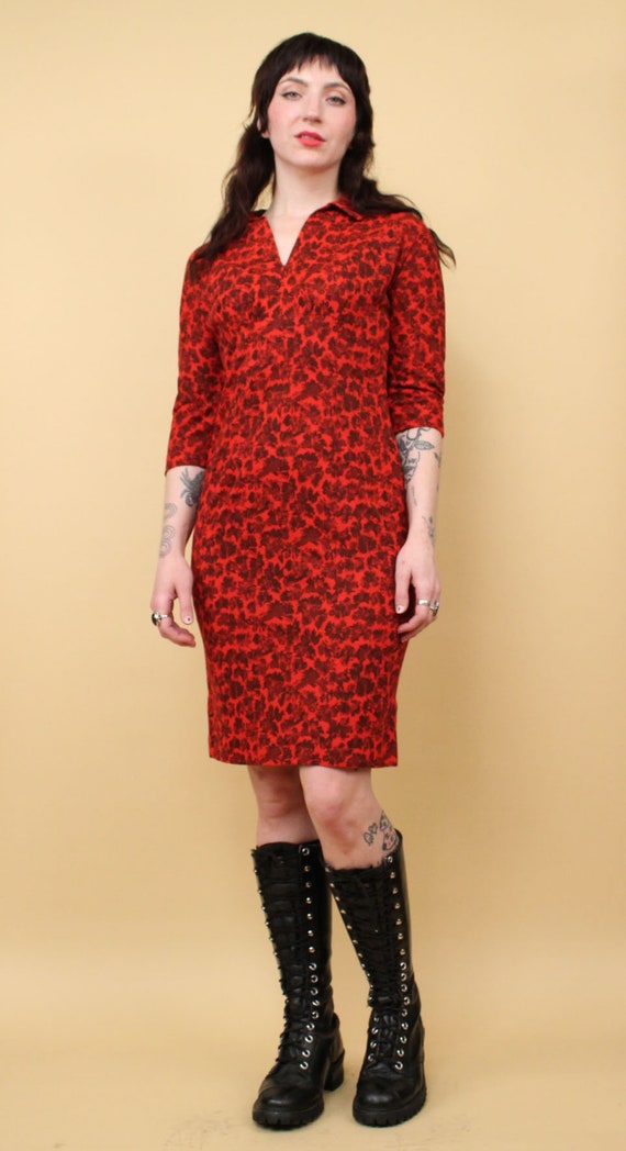40s 50s Vtg Red & Brown Novelty Print Dress Colla… - image 2