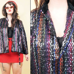 70s Vtg Rainbow Sequin Blazer Jacket Coat Velvet Collar Vertical Stripe Glam Women&#39;s Plus Size 2X 3X 16 18 20