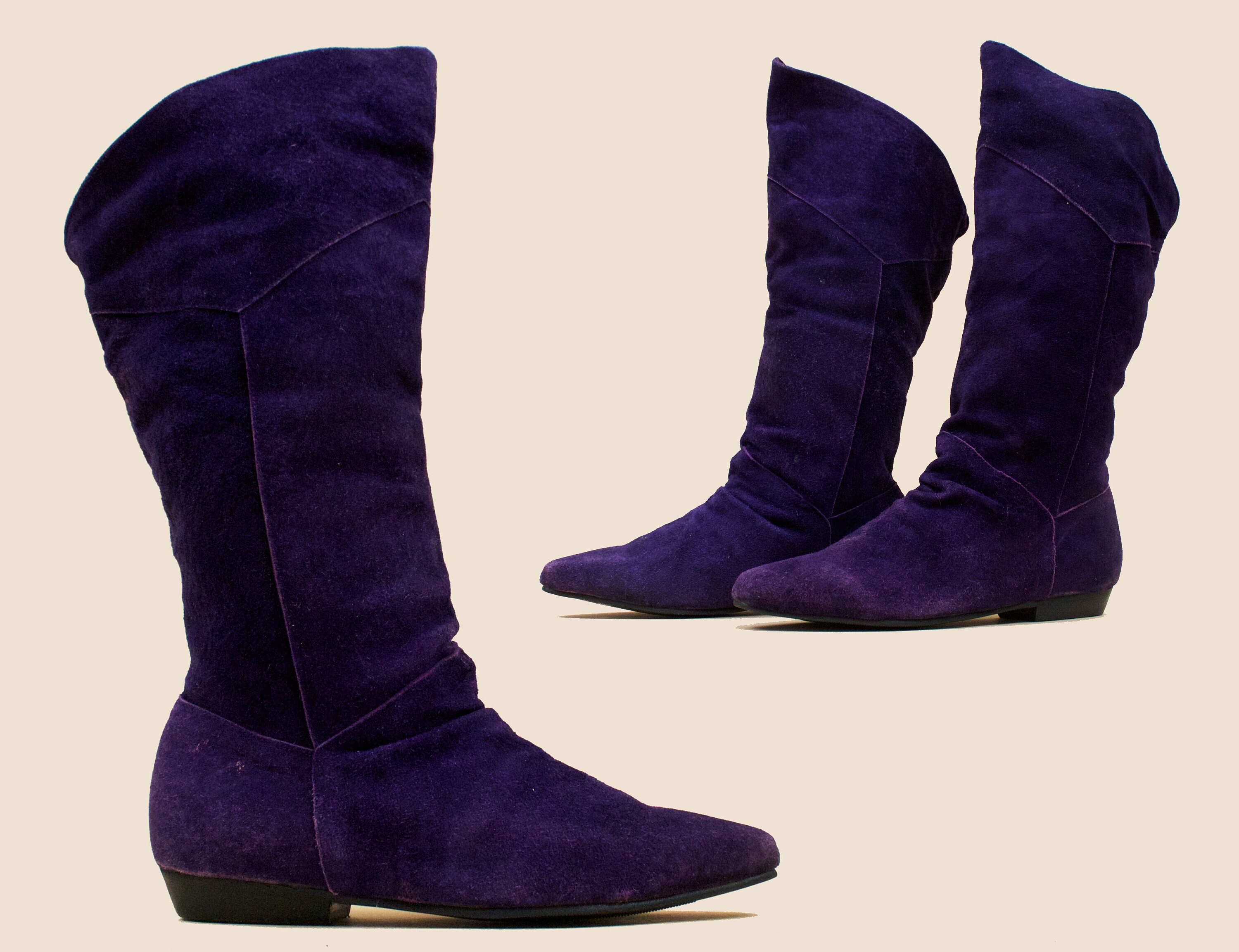 80s Vtg Purple Suede Leather Knee High 