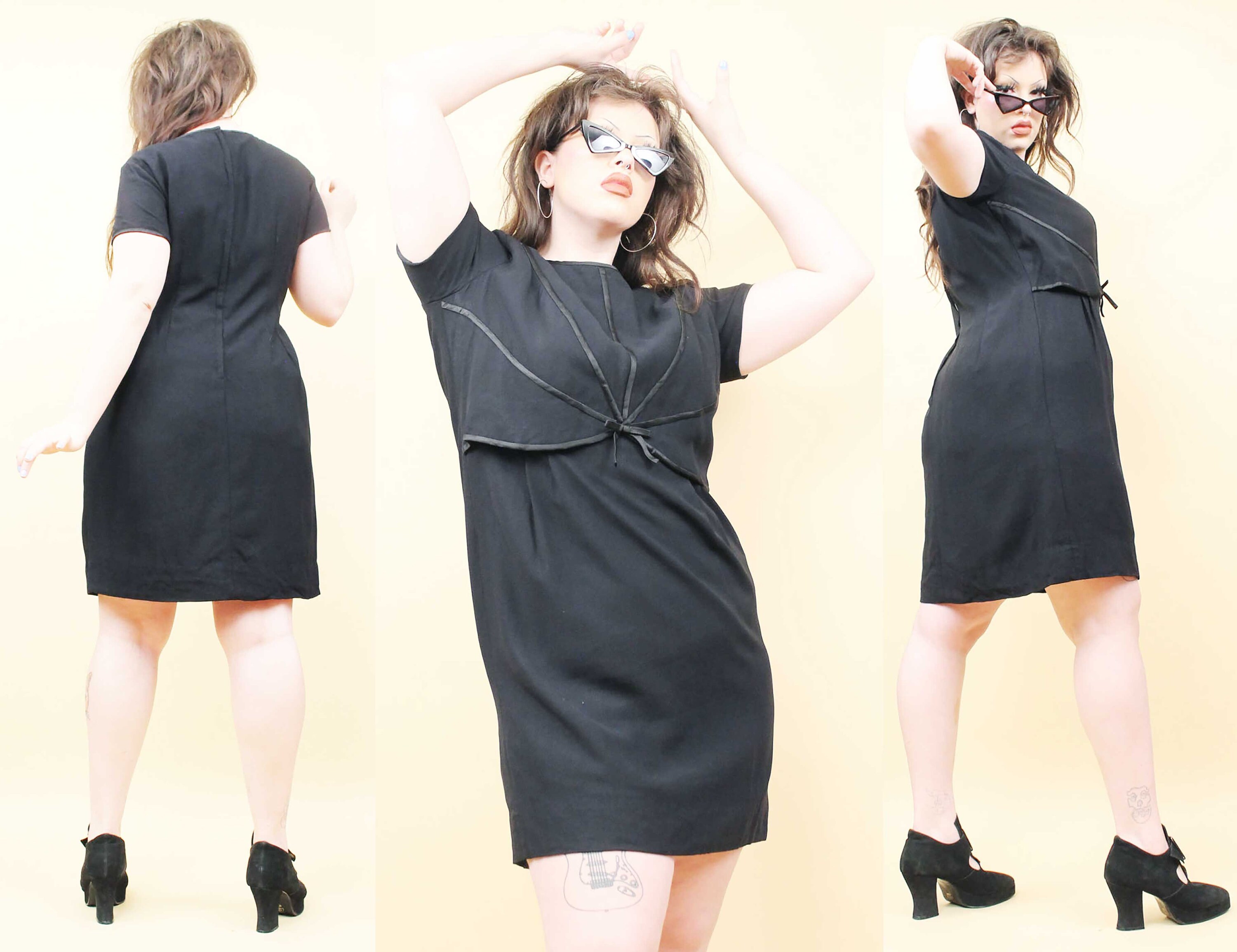 50s 60s Vtg Black Crepe Rayon Mini 