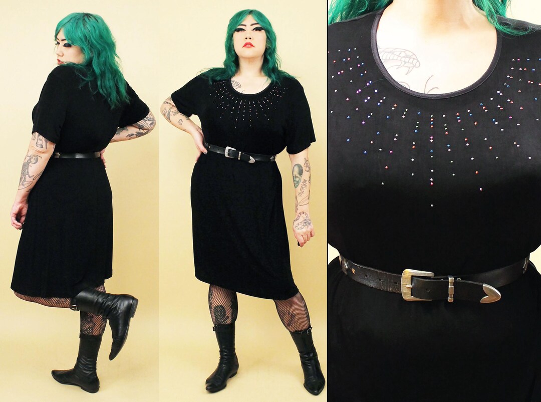Dazzling in Rhinestone: Scoop Neck Dresses Black Plus Size