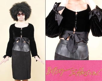90s Y2K Vtg Betsey Johnson Black Silk Velvet Blouse Poet Sleeve Vamp Goth Cardigan Crop Women's Xs-S B34" W30" L15"