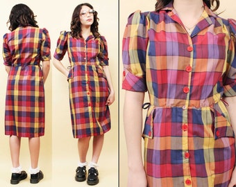 70s does 1940s Vtg Plaid Shirtdress Collared Puff Sleeve Mod Pin Up Rockabilly Women's tag 3 Xs Sm