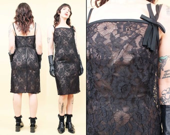 60s Vtg Spider Web Lace Black Shift Dress Illusion Nude Underlayer Mourning Formal Mod Women's Xs Sm tag 9