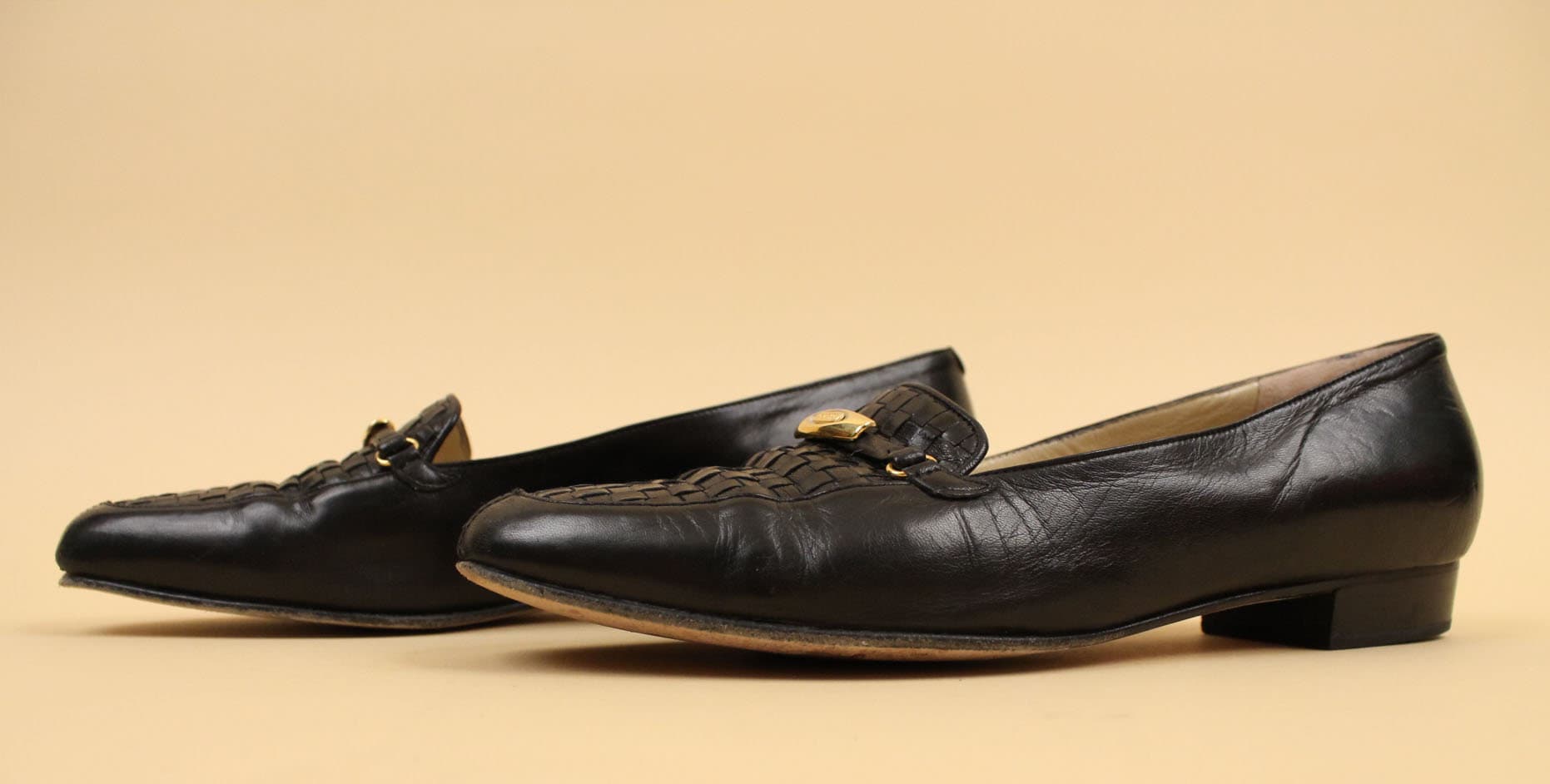 80s Vintage BALLY Black Leather Loafers, Woven Detail (US 9  display picture 3