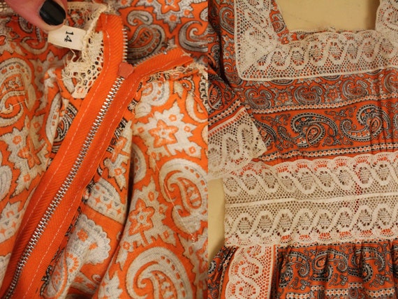 60s 70s Vtg Orange Paisley White Lace Mexican Wed… - image 10