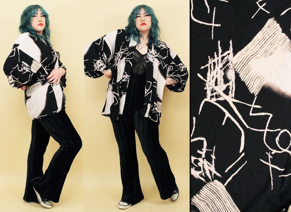 80s Vtg Black & White Abstract Art Graphic Rayon Kimo… - Gem