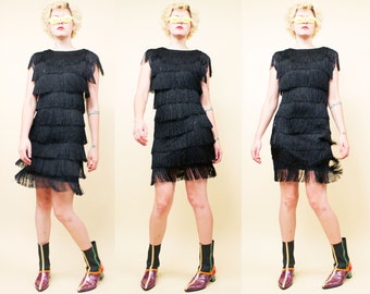 80s does 60s Vtg Black Long Fringe Mini Dress GoGo Burlesque Pin Up Sleeveless Low Cut Sexy Back Prom Formal tag 9 Xs Sm