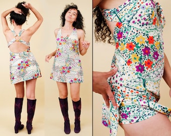 60s Vtg Floral Rainbow Hot Pants & Tunic Matching 2pc Set Not Mini Dress Romper Xs-S B32-34" W22-26" H36"