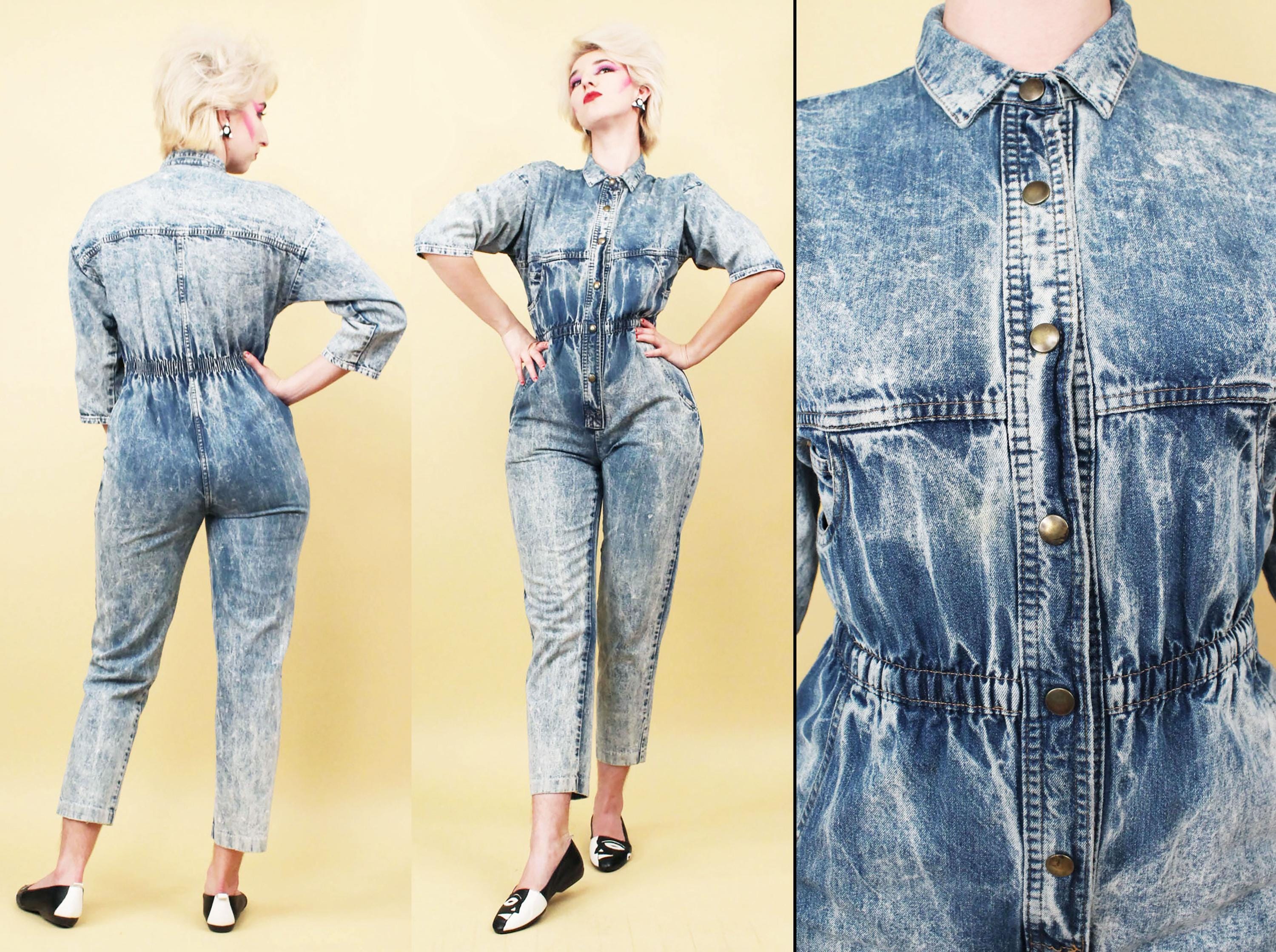 80s Vtg Acid Wash Cotton Denim Snap Button Jumpsuit Pantsuit