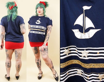 80s Vtg Navy Blue Nautical Stars Stud Applique TShirt OSFM S-L B44" W44" H44" L25"
