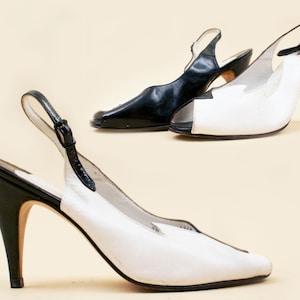 80s Vintage Leather Slingback Heels: Black & White Peep Toe Pumps (US 7.5 / EU 38)