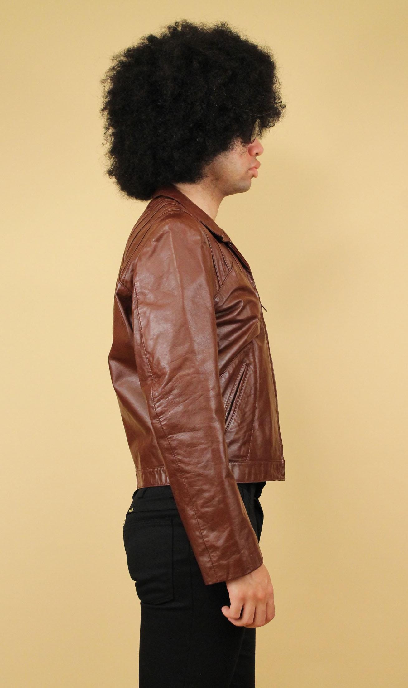 70s Vtg Brown Leather Zip up Collared Jacket Straight Cut Coat