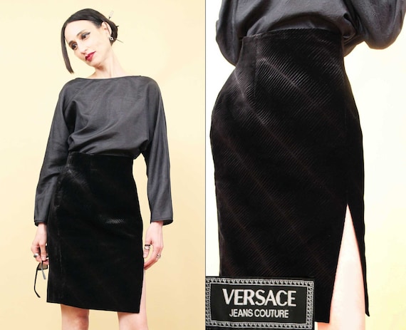 80s 90s Vtg Versace Jeans Couture Black Silk Velv… - image 1