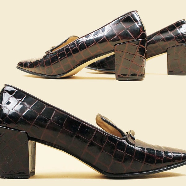 90s Vtg Patent Leather Alligator Reptile Embossed Brown Slip On Loafer Platform Chunky Heel Women's US 10 EU 42 41