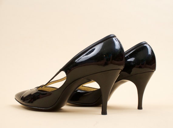 50s Vtg Black Patent Leather Pointy Kitten High H… - image 6