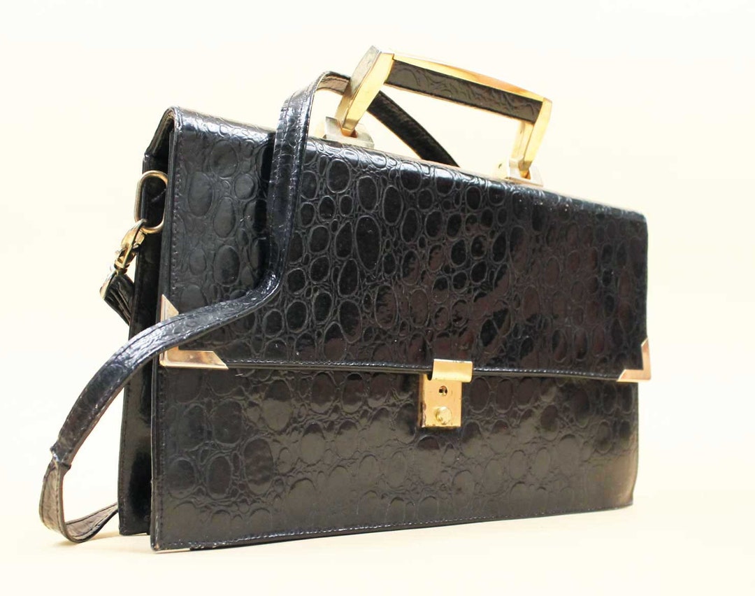 80s Vtg Black Patent Leather Briefcase Purse Rectagle Shape Etsy