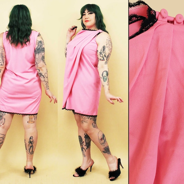 60s Vtg Bubblegum Pink & Black Lace Wrap Mini Dress Sleeveless Mod Cocktail Formal Women's Medium Large B36-38" W34" H40" L36"