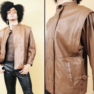 70s 80s Vtg Brown Leather Jacket Futuristic Snap Button Pleat Shoulder Men&#39;s Medium