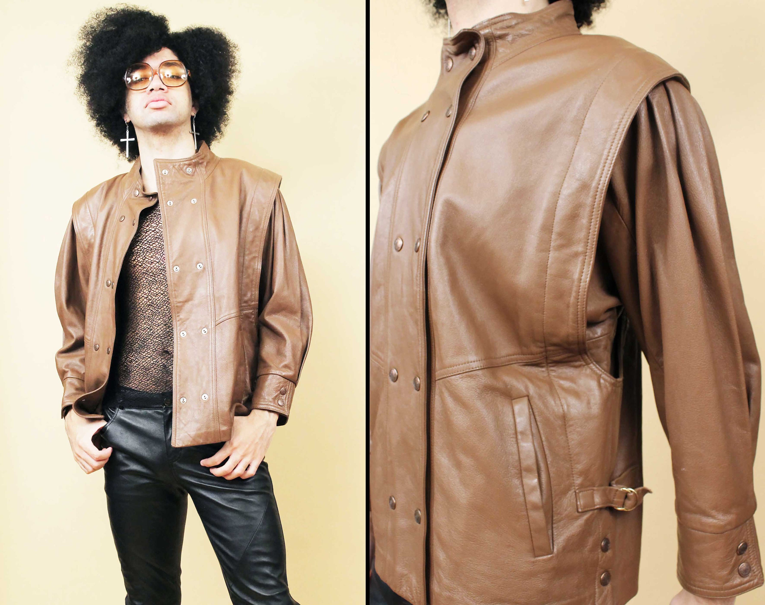 70s 80s Vtg Brown Leather Jacket Futuristic Snap Button 70s 80s Vtg Brown Leather Jacket Futuristic Snap Button