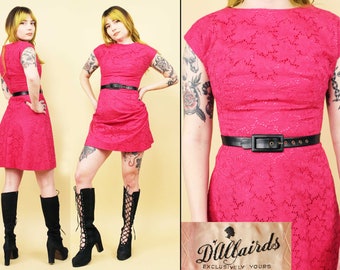 50s 60s Vtg Hot Pink Cotton Lace Mini Dress Mod Pin Up Women's Xs B30-32" W23-24" H34" L34"