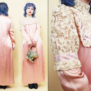 60s 70s Vtg Pink Satin Lace High Collar Puff Princess Sleeve Dress Hippie Boho Gown 1930s Style Women&#39;s Small *As-Is*
