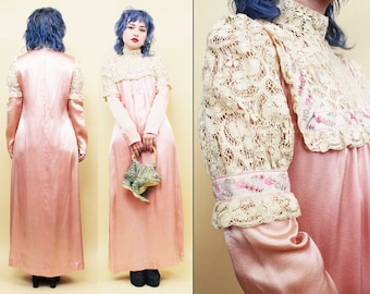 60s 70s Vtg Pink Satin Lace High Collar Puff Princess Sleeve Dress Hippie Boho Gown 1930s Style Women's Small *As-Is*