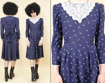 80s Navy Blue Bow Print Peplum Dress Haunted Doll Lace Collar *As-Is* Women's S B34-36" W24-28" H20" L43"