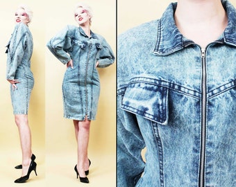 80s Vtg Batwing Acid Wash Thick Denim Zip Up Mini Dress New Wave Punk Hair Metal Women's Small