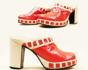 60s 70s Vtg Red & White Leather Clog Platform High Heel Shoes Slip On Mule Glam Rock Boho Hippie Women's US 5 EU 35