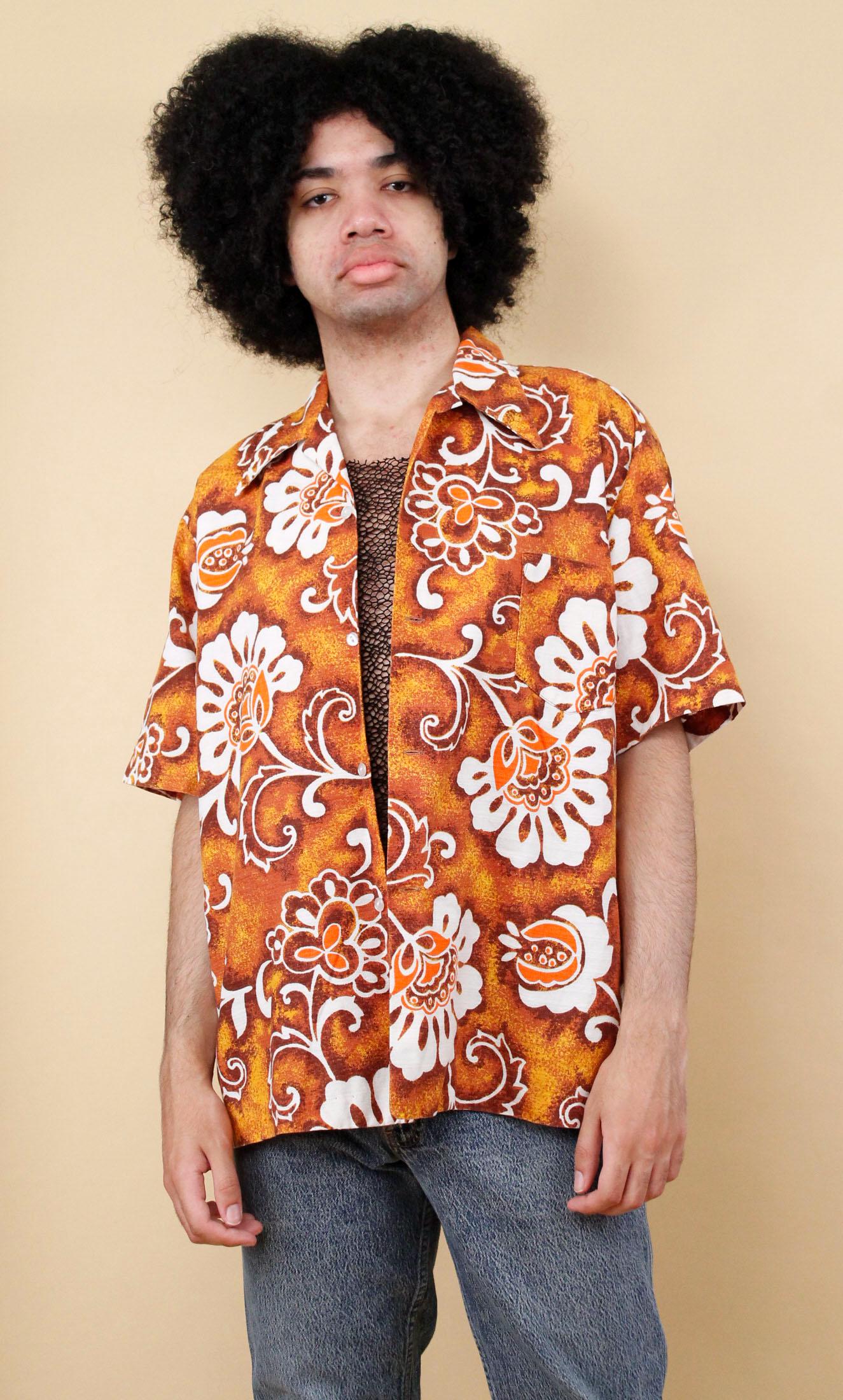 Vintage 70s Hawaiian Bark Cloth Shirt: Orange Brown Floral Print