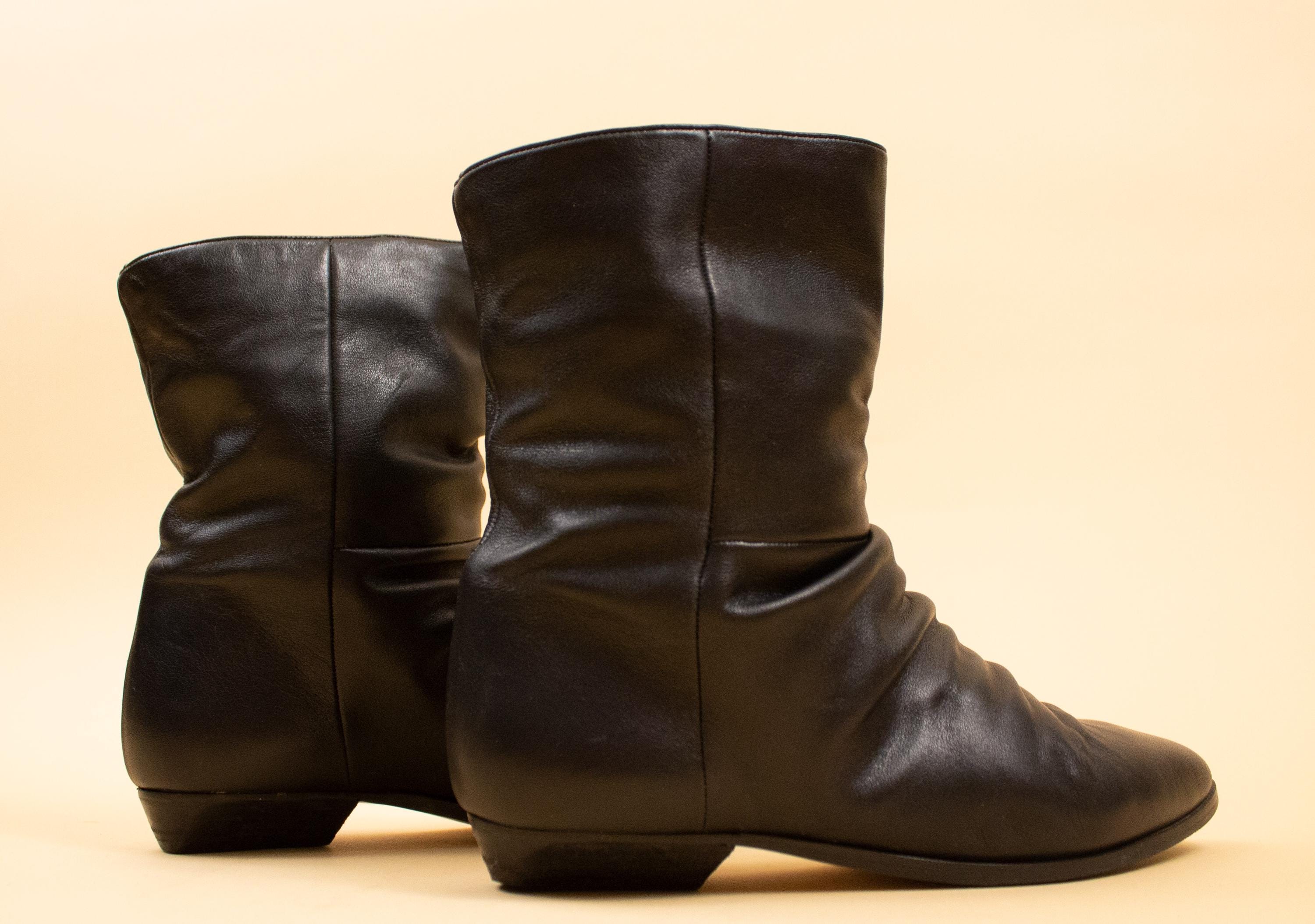 80s Vtg Black Leather Pointy Toe Slouch Ankle Boots Punk New
