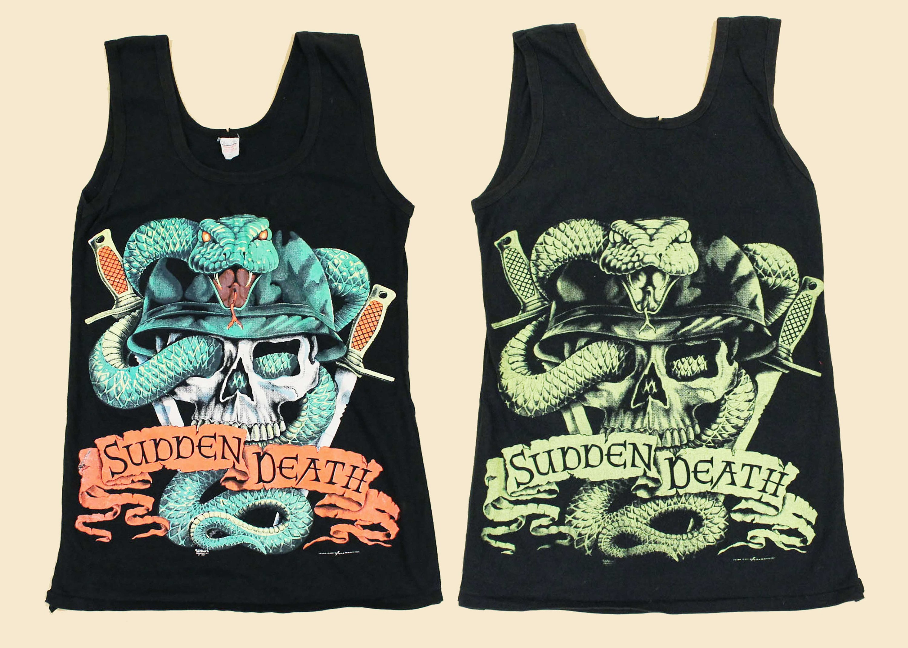 【メルカリ最安】anuke Backopen Check Tops 80s 1984 Vtg SUDDEN DEATH Graphic Novelty Tshirt Skull Snake