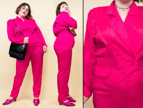80s Vtg Nylon Fuschia Pink Pant Suit Jumpsuit Powe