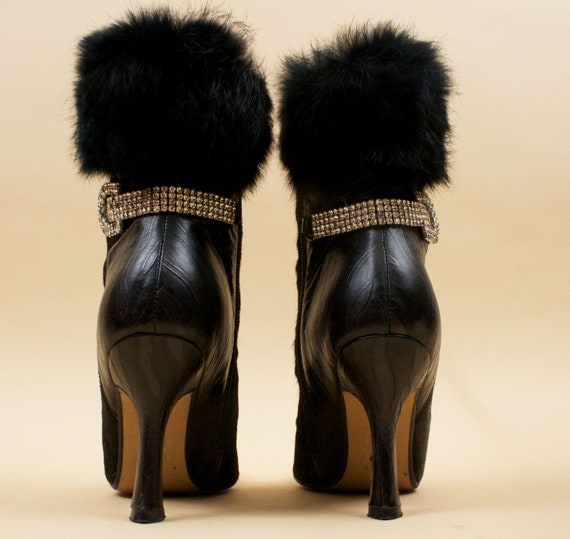 80s Vtg Jet Black Pony Fur & Leather Rhinestone D… - image 8