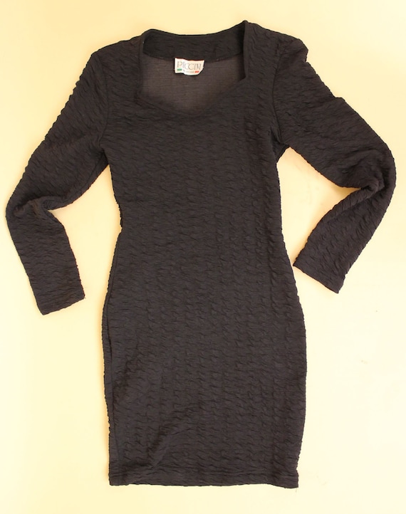 80s Vtg Black Textured Stretchy Spandex Mini Dres… - image 9