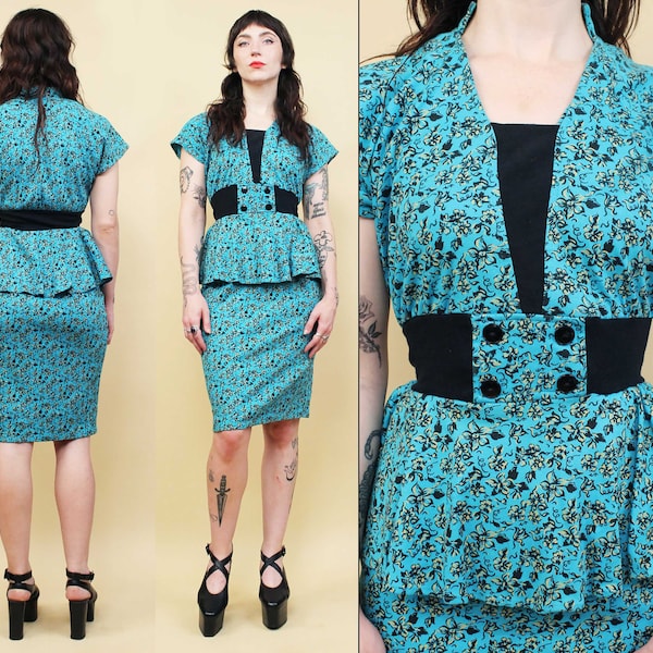 80s Vtg Turquoise Cotton Peplum Mini Dress High Collar Short Sleeve Punk New Wave Floral Print Women's tag 7/8 Xs Sm