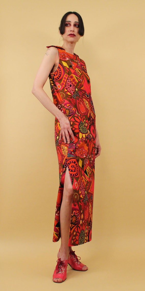 60s Vtg Giant Pointy Collar Psychedelic Maxi Dres… - image 2