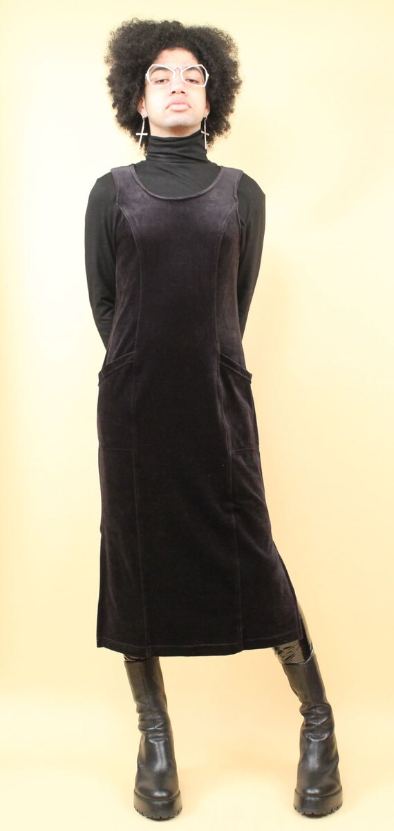 90s Vtg Black Stretch Velvet Sheath Dress Sleevel… - image 9