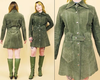 60s 70s Vtg Avocado Green Suede Genuine Leather Snap Button Jacket Mini Dress Length Mod Hippie Glam Rock Women's Sm B34-36" W28-29" H36"