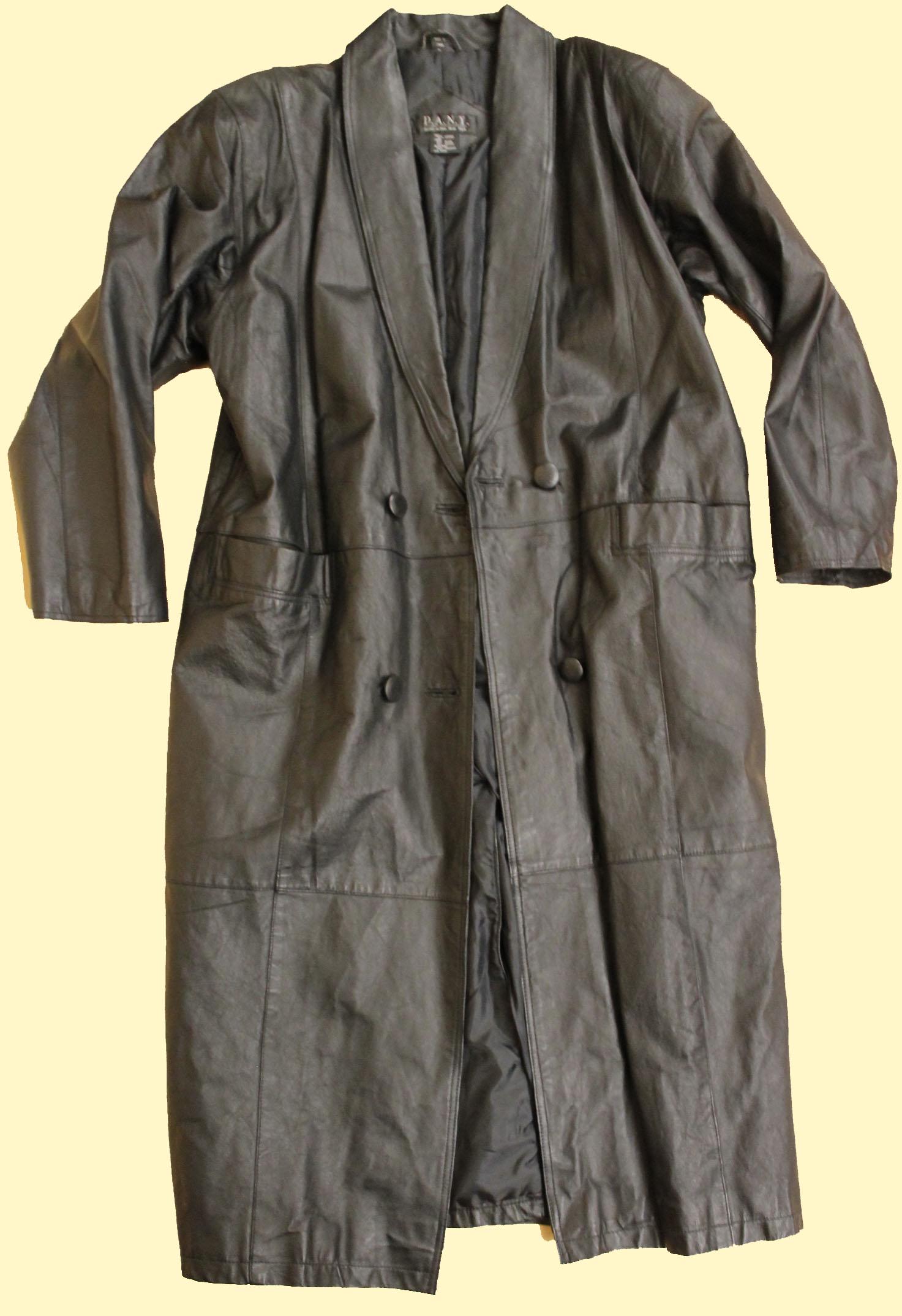 80s Vtg Black Leather Long Jacket Trench Coat Duster Length Goth