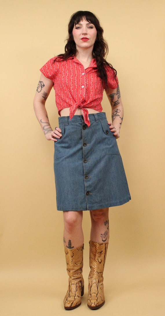 70s Vtg Light Wash Cotton Denim Blue Jean Mini Sk… - image 3