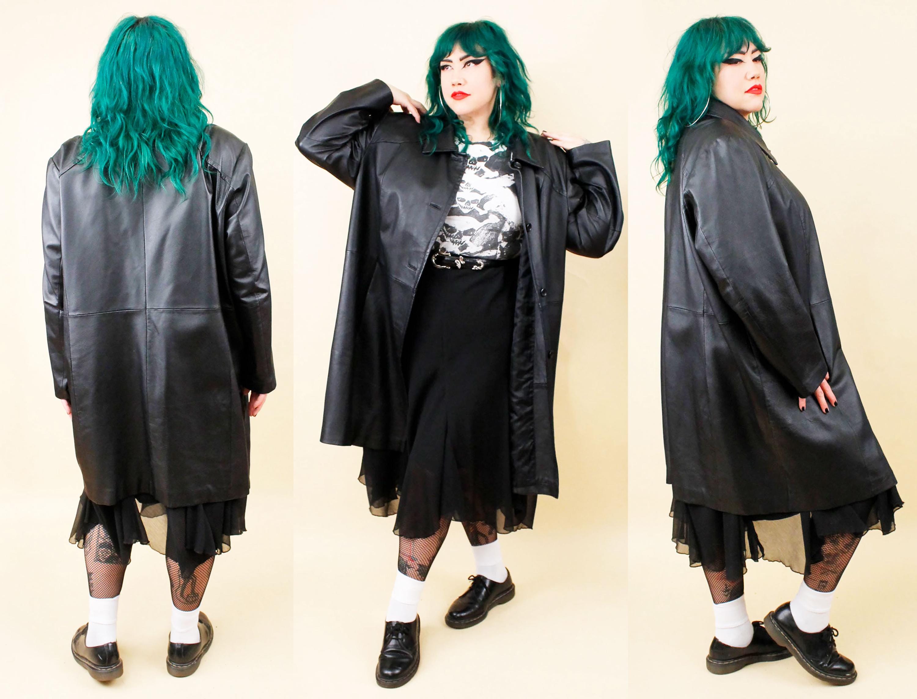 90s Y2K Vtg Black Genuine Leather Collared Coat Plus Size Women's