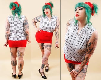80s Vtg Star Print Collared Tank Top Cotton Poly Plus Size Women's tag 1X B46-50" W46-50" H46-50" L22"