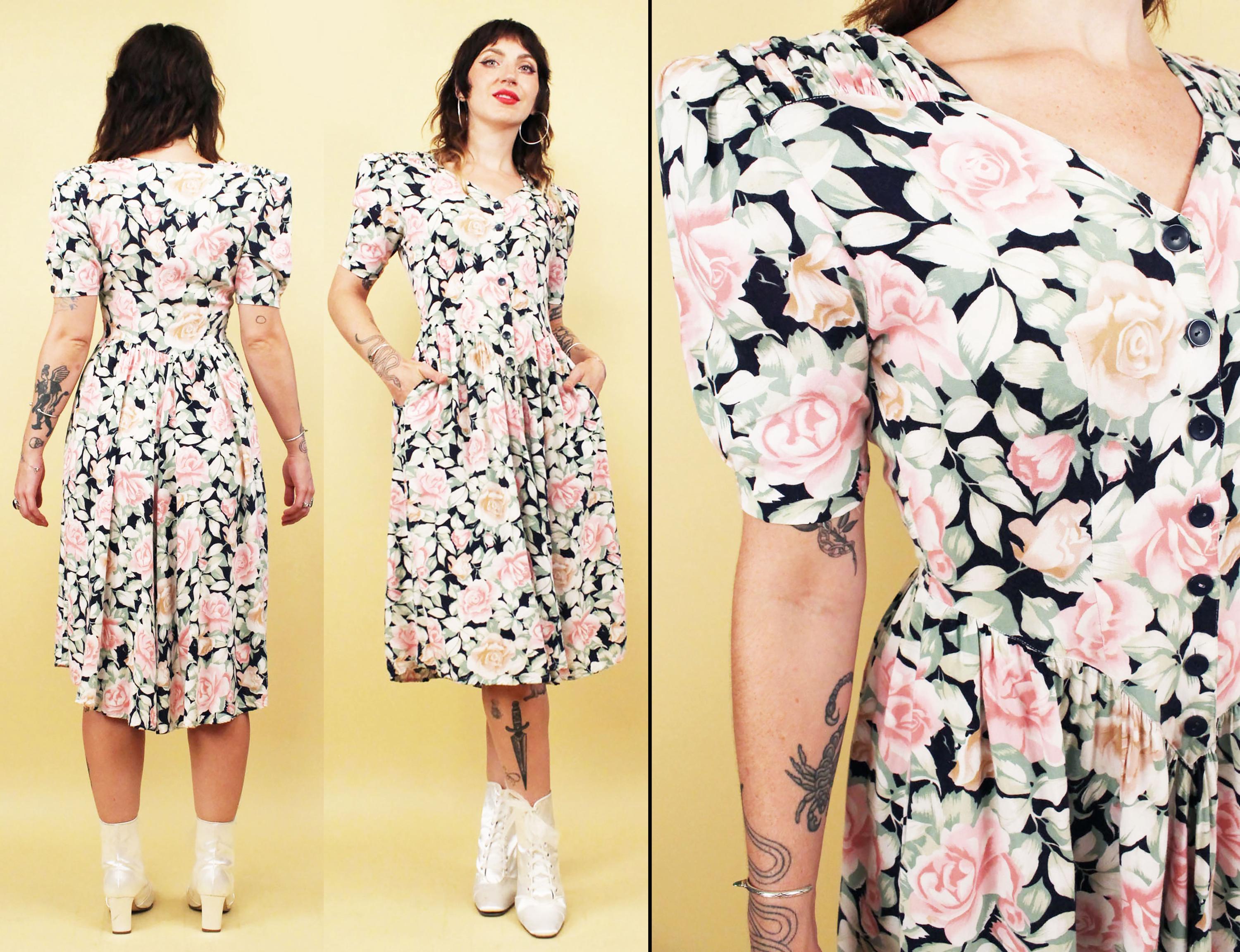 80s 90s Vtg Floral Puff Pleat Sleeve Dolly Cottage Core Mid