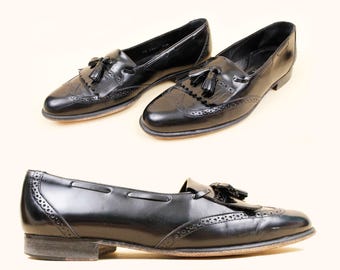 70s 80s Vtg Italian Black Leather Tassle Loafer Johnston & Murphy Designer Formal Menswear Groom Wedding Men's US 9.5 EU 43.5 Women's 11.5