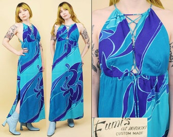 60s Vtg Fumi's Corset Tie Op Art Mod Hawaiian Floral Barkcloth Rayon Maxi Dress Sleeveless Blue Women's Sm B34-38" W28" H38" L52"